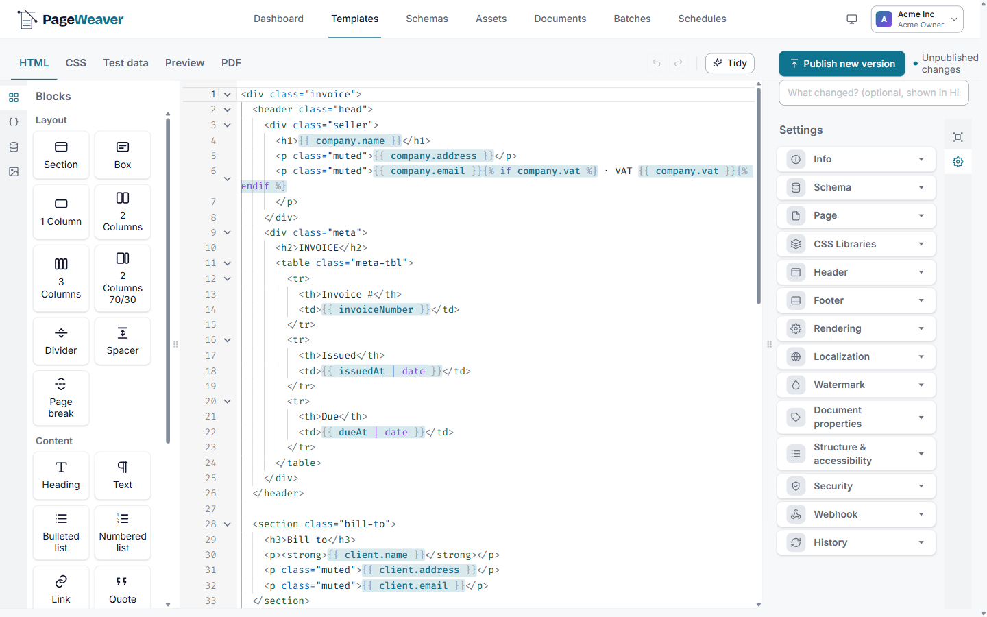 The PageWeaver template editor