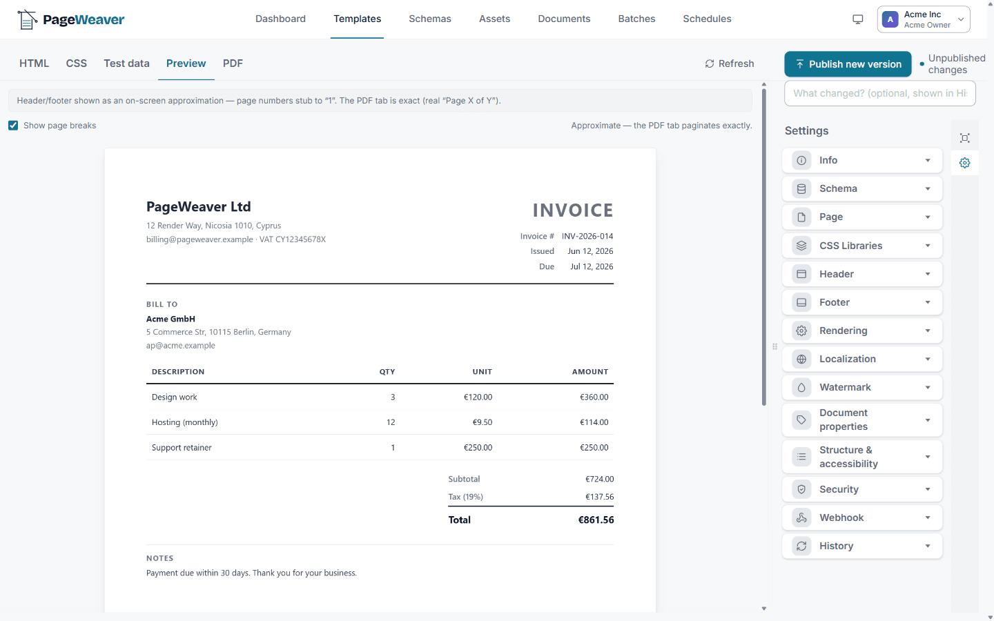 A rendered invoice preview in PageWeaver